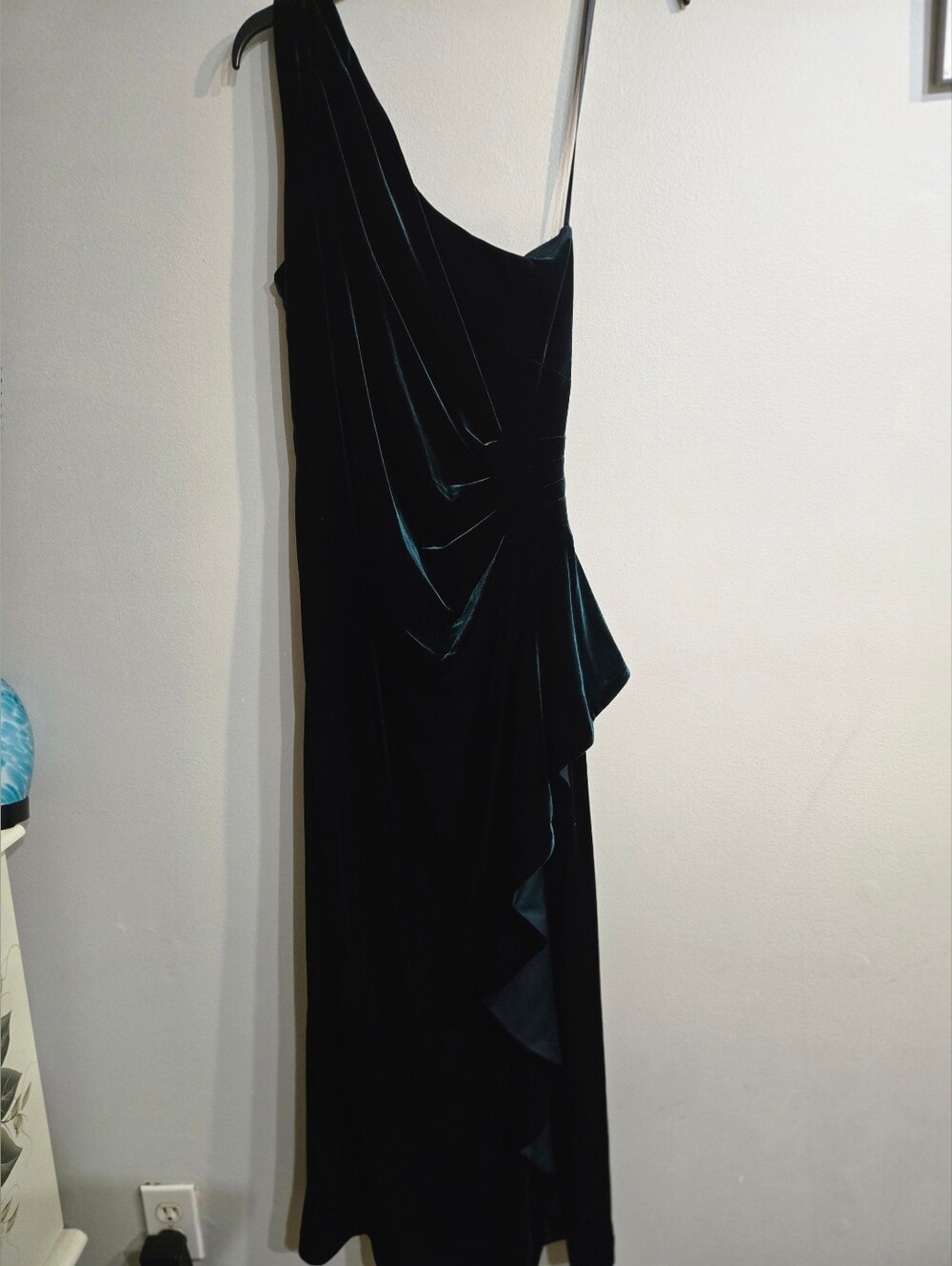 Xscape One-Shoulder Teal Velvet Evening Gown Sz 12P